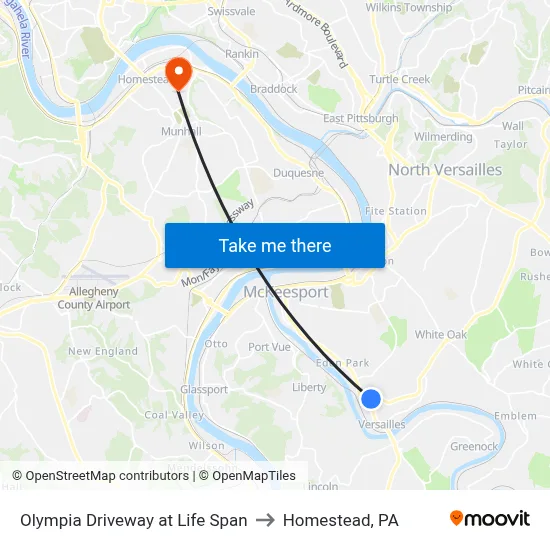 Olympia Driveway at Life Span to Homestead, PA map