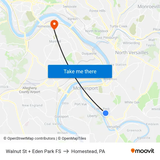 Walnut St + Eden Park FS to Homestead, PA map