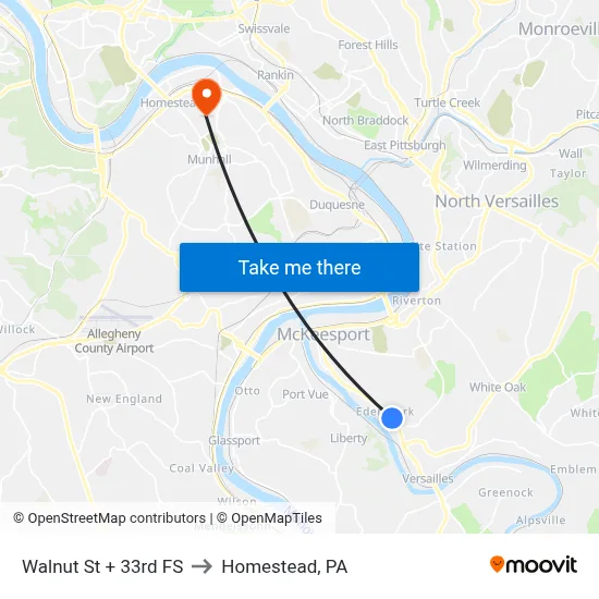 Walnut St + 33rd FS to Homestead, PA map