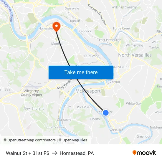 Walnut St + 31st FS to Homestead, PA map