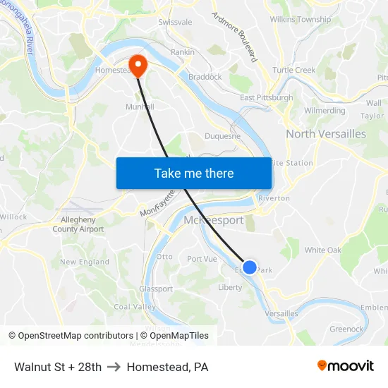 Walnut St + 28th to Homestead, PA map