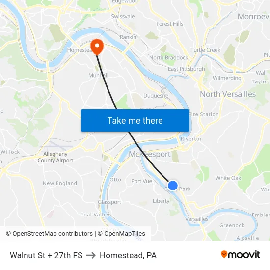 Walnut St + 27th FS to Homestead, PA map