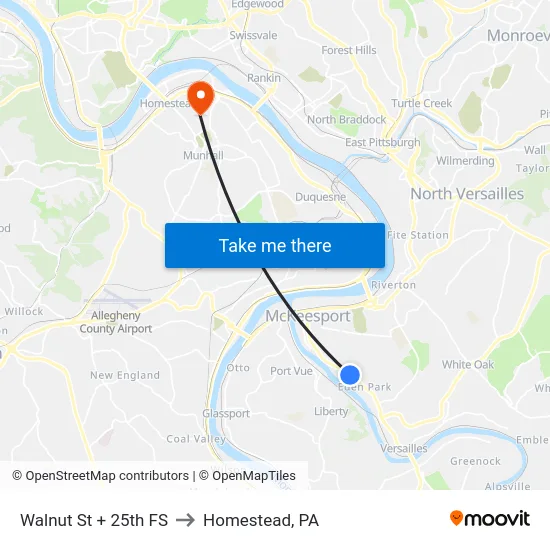 Walnut St + 25th FS to Homestead, PA map