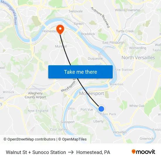 Walnut St + Sunoco Station to Homestead, PA map