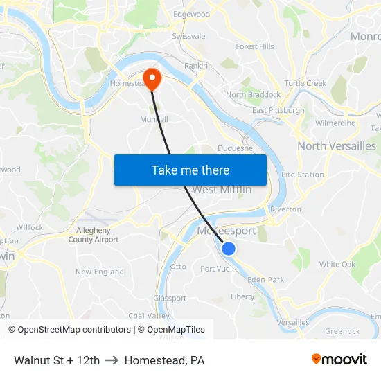 Walnut St + 12th to Homestead, PA map