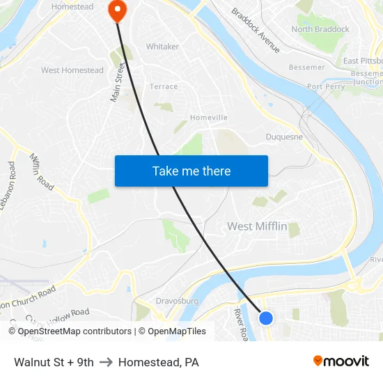 Walnut St + 9th to Homestead, PA map