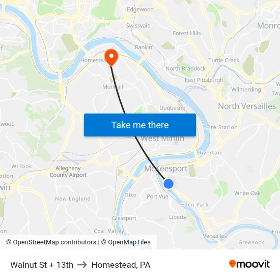 Walnut St + 13th to Homestead, PA map