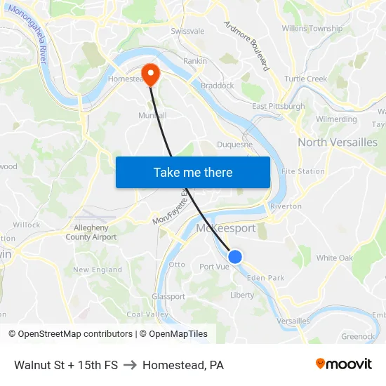Walnut St + 15th FS to Homestead, PA map