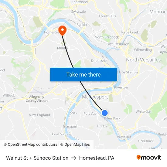 Walnut St + Sunoco Station to Homestead, PA map