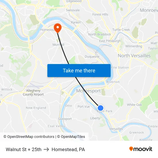 Walnut St + 25th to Homestead, PA map