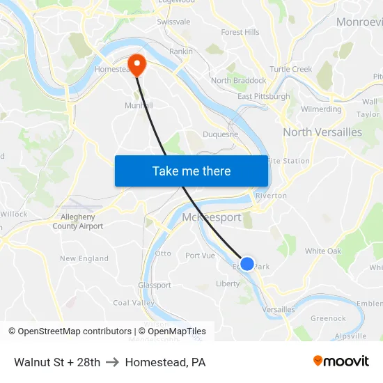 Walnut St + 28th to Homestead, PA map