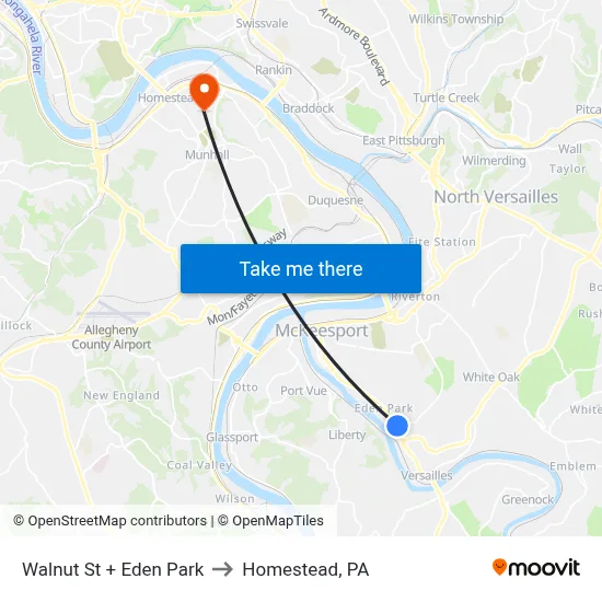 Walnut St + Eden Park to Homestead, PA map