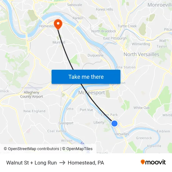 Walnut St + Long Run to Homestead, PA map