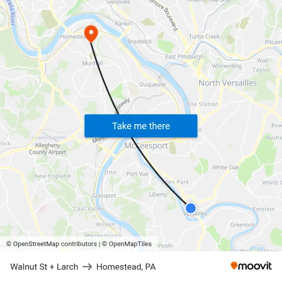 Walnut St + Larch to Homestead, PA map