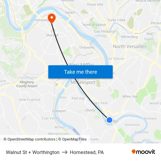 Walnut St + Worthington to Homestead, PA map