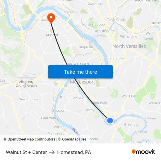 Walnut St + Center to Homestead, PA map