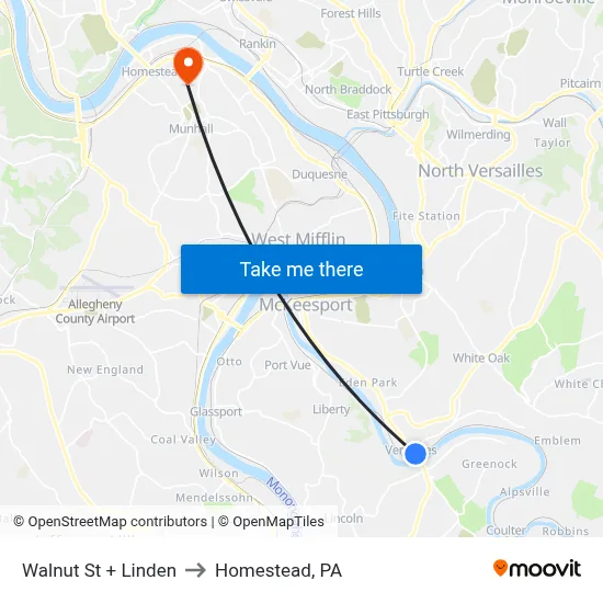 Walnut St + Linden to Homestead, PA map