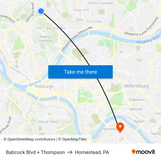 Babcock Blvd + Thompson to Homestead, PA map