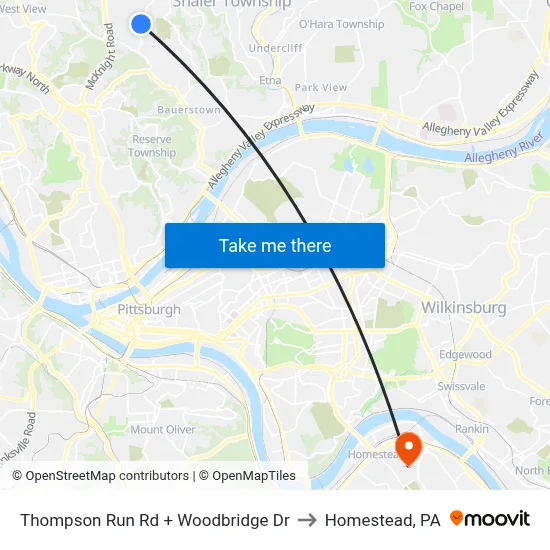 Thompson Run Rd + Woodbridge Dr to Homestead, PA map