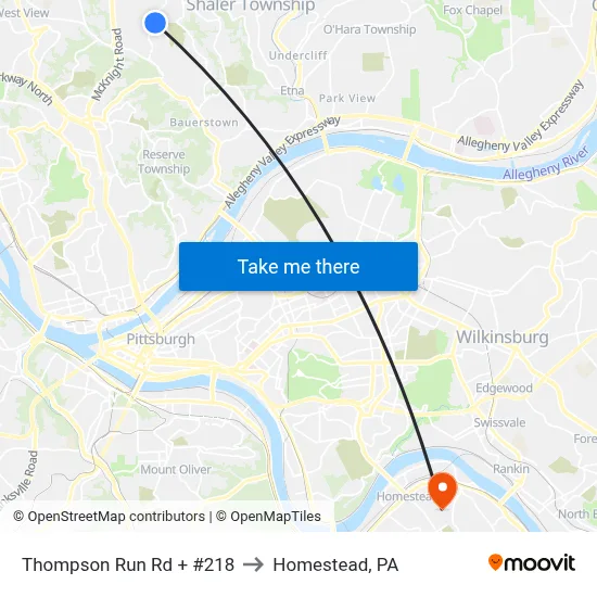 Thompson Run Rd + #218 to Homestead, PA map