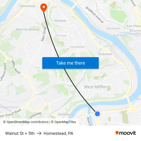 Walnut St + 5th to Homestead, PA map