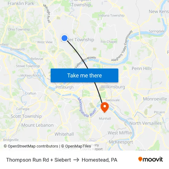 Thompson Run Rd + Siebert to Homestead, PA map