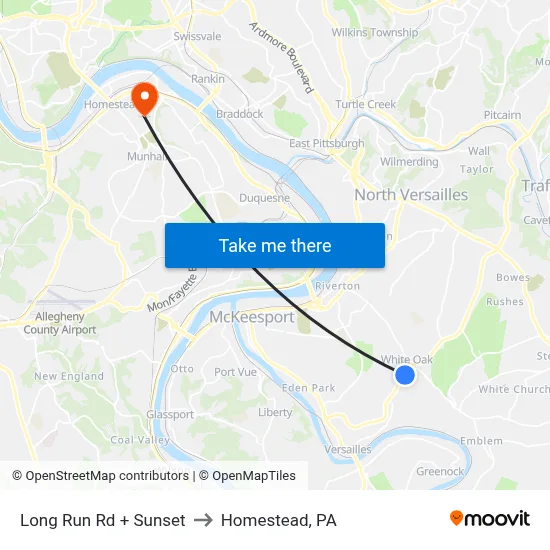 Long Run Rd + Sunset to Homestead, PA map