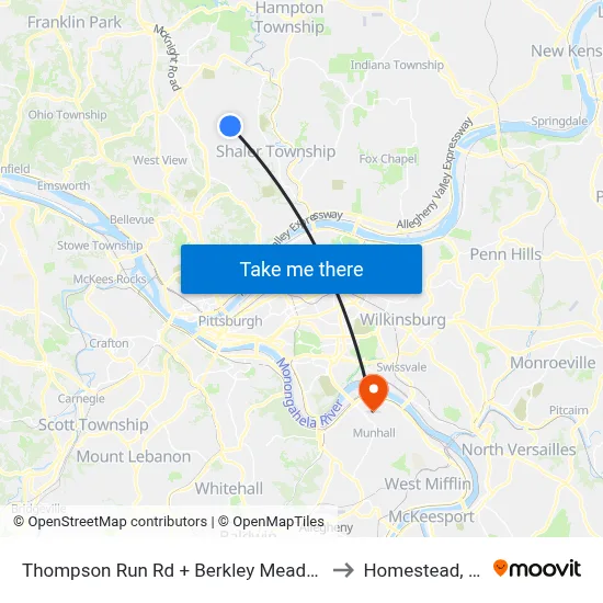 Thompson Run Rd + Berkley Meadows to Homestead, PA map