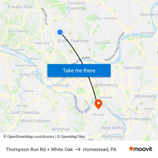 Thompson Run Rd + White Oak to Homestead, PA map