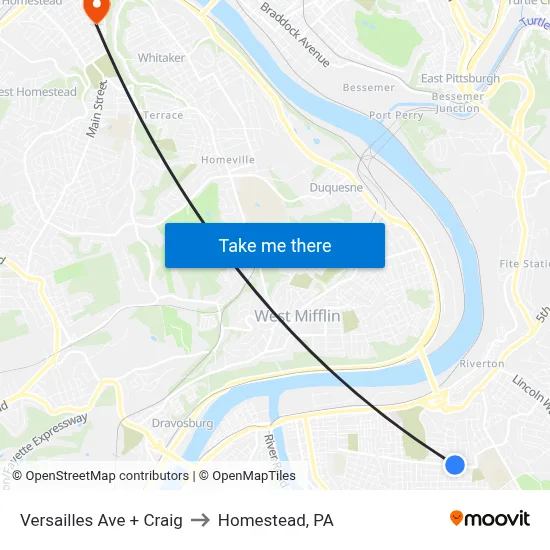 Versailles Ave + Craig to Homestead, PA map