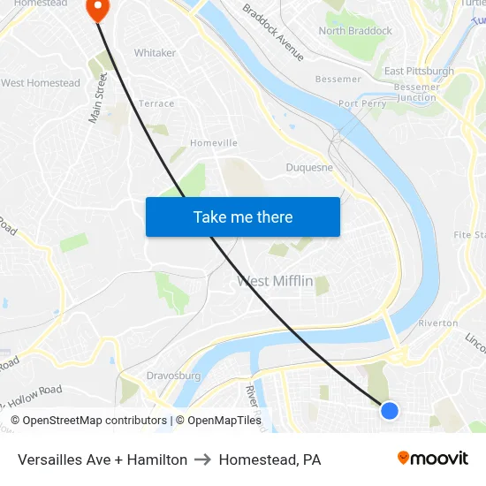 Versailles Ave + Hamilton to Homestead, PA map