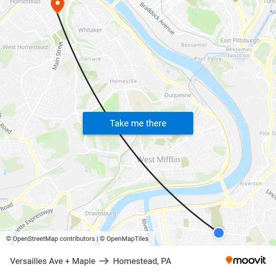 Versailles Ave + Maple to Homestead, PA map