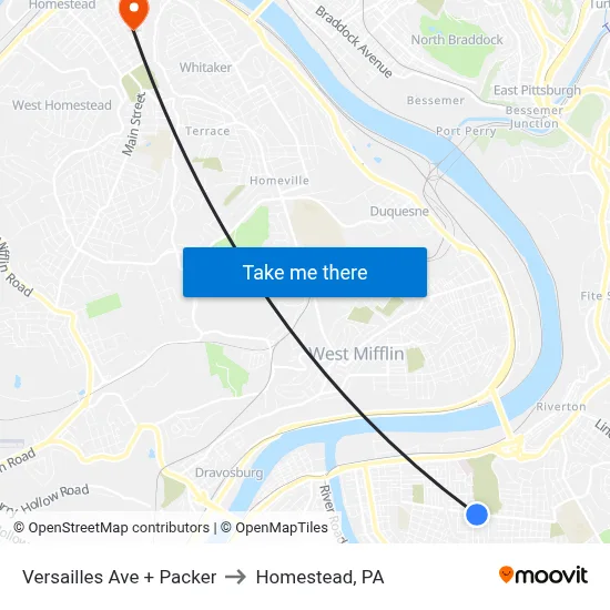 Versailles Ave + Packer to Homestead, PA map