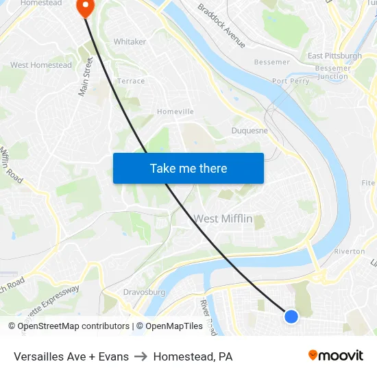 Versailles Ave + Evans to Homestead, PA map