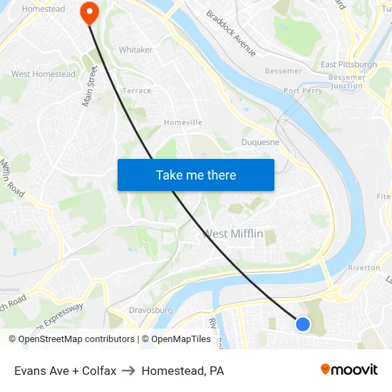 Evans Ave + Colfax to Homestead, PA map
