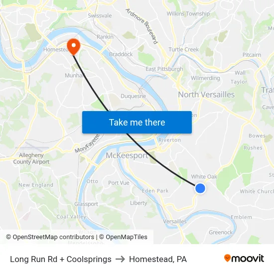 Long Run Rd + Coolsprings to Homestead, PA map