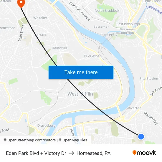 Eden Park Blvd + Victory Dr to Homestead, PA map