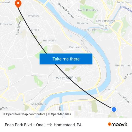 Eden Park Blvd + Oneil to Homestead, PA map
