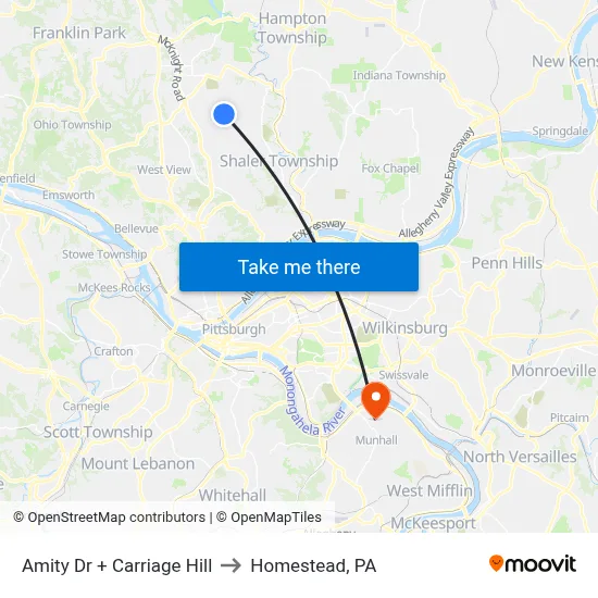 Amity Dr + Carriage Hill to Homestead, PA map