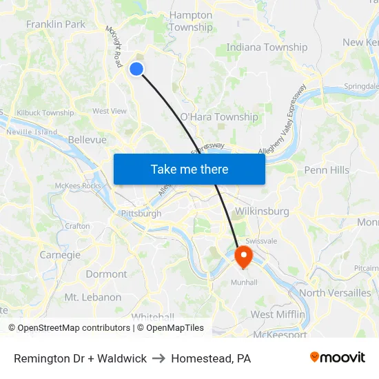 Remington Dr + Waldwick to Homestead, PA map