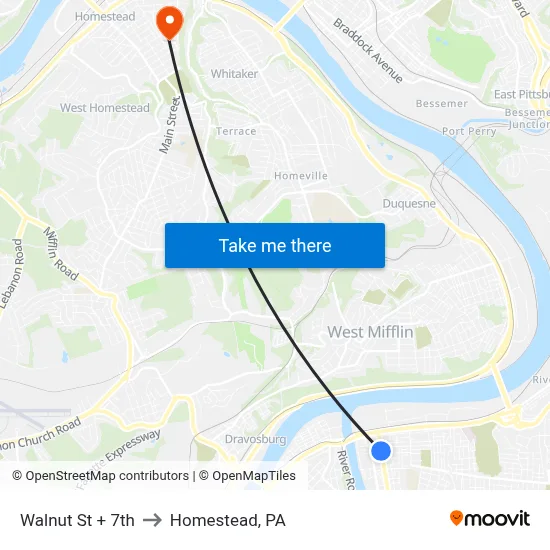 Walnut St + 7th to Homestead, PA map