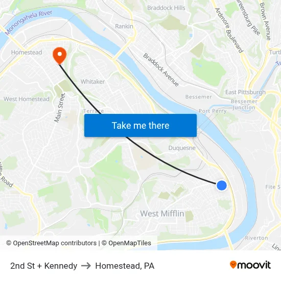 2nd St + Kennedy to Homestead, PA map