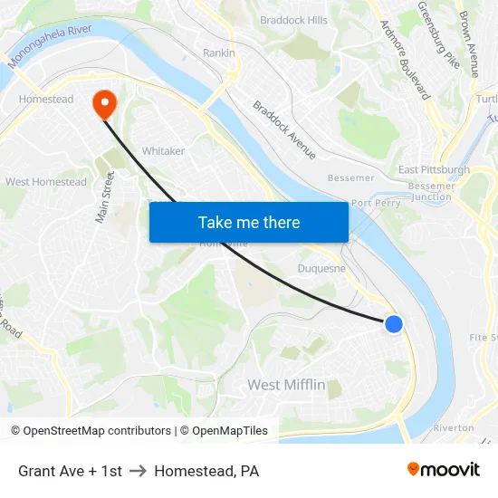 Grant Ave + 1st to Homestead, PA map