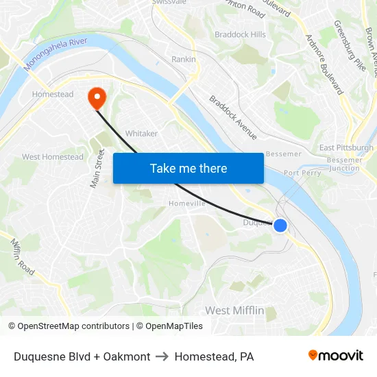 Duquesne Blvd + Oakmont to Homestead, PA map