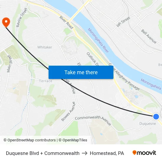 Duquesne Blvd + Commonwealth to Homestead, PA map