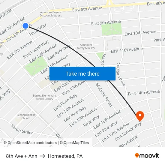8th Ave + Ann to Homestead, PA map