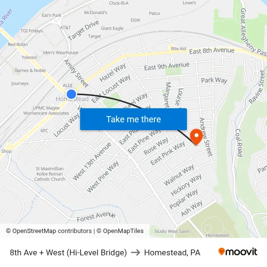8th Ave + West (Hi-Level Bridge) to Homestead, PA map