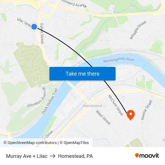 Murray Ave + Lilac to Homestead, PA map