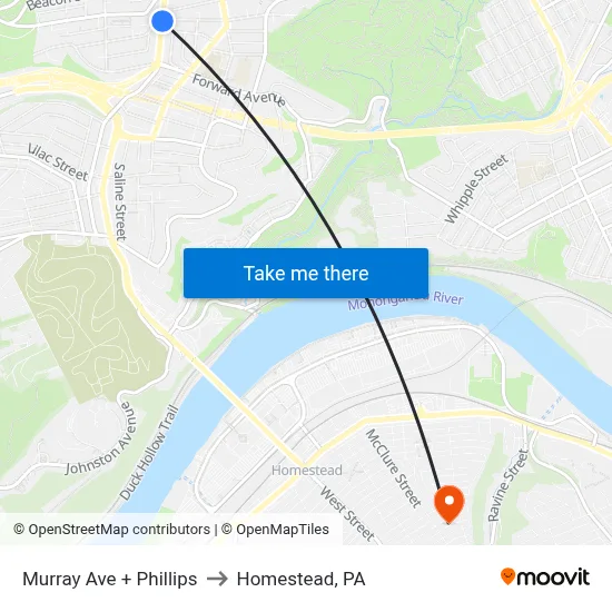 Murray Ave + Phillips to Homestead, PA map