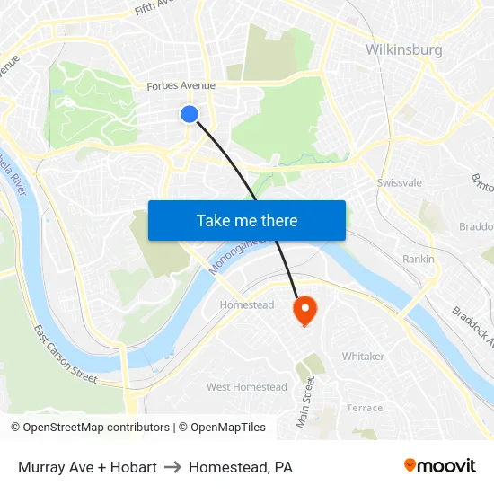 Murray Ave + Hobart to Homestead, PA map